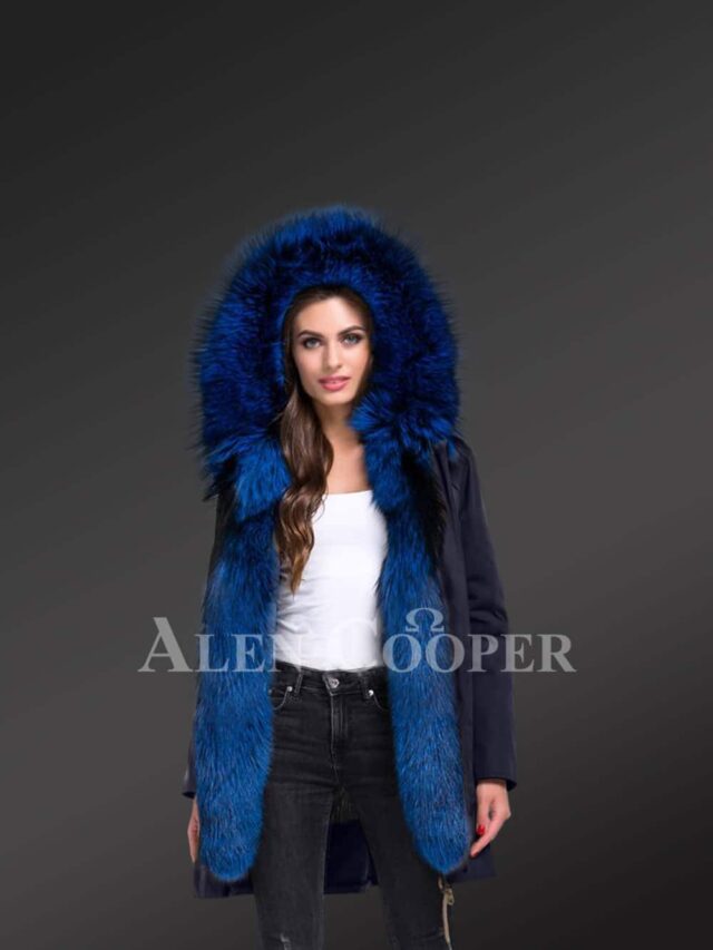 Women’s Arctic fox fur hybrid navy parka convertibles