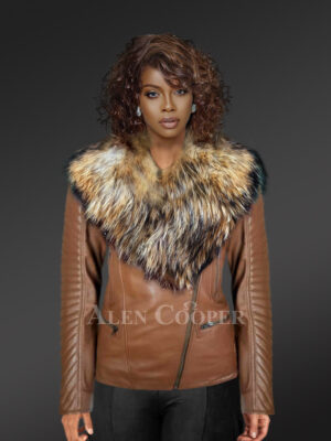 Women’s Assymetrical Motorcycle Biker Jacket in Tan with Zipout Collar and Detachable Raccoon Fur Collar