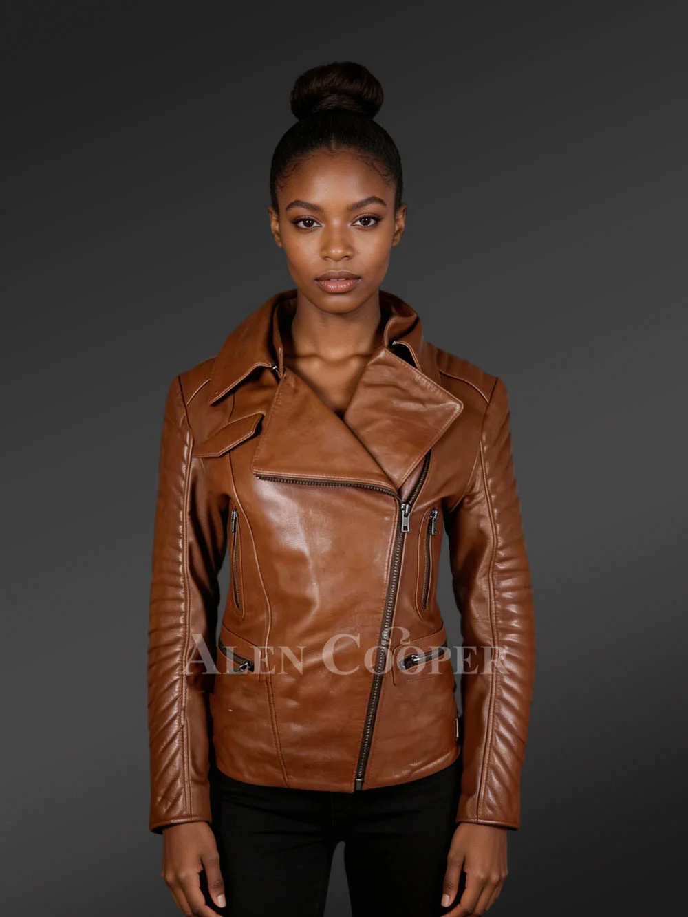 Women’s Assymetrical Motorcycle Biker Jacket in Tan with Zipout Collar