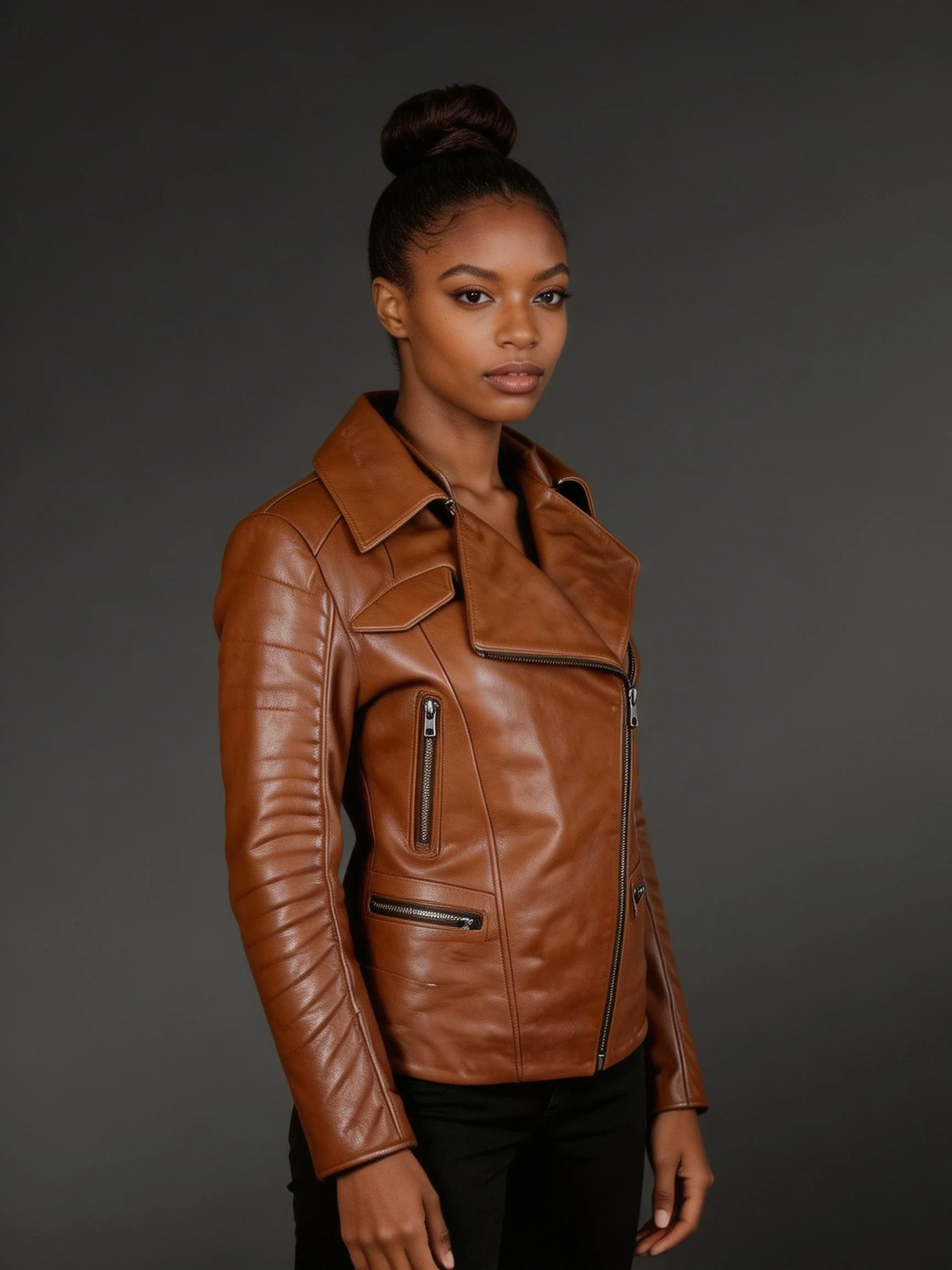 Women’s Assymetrical Motorcycle Biker Jacket in Tan with Zipout Collar - Image 2