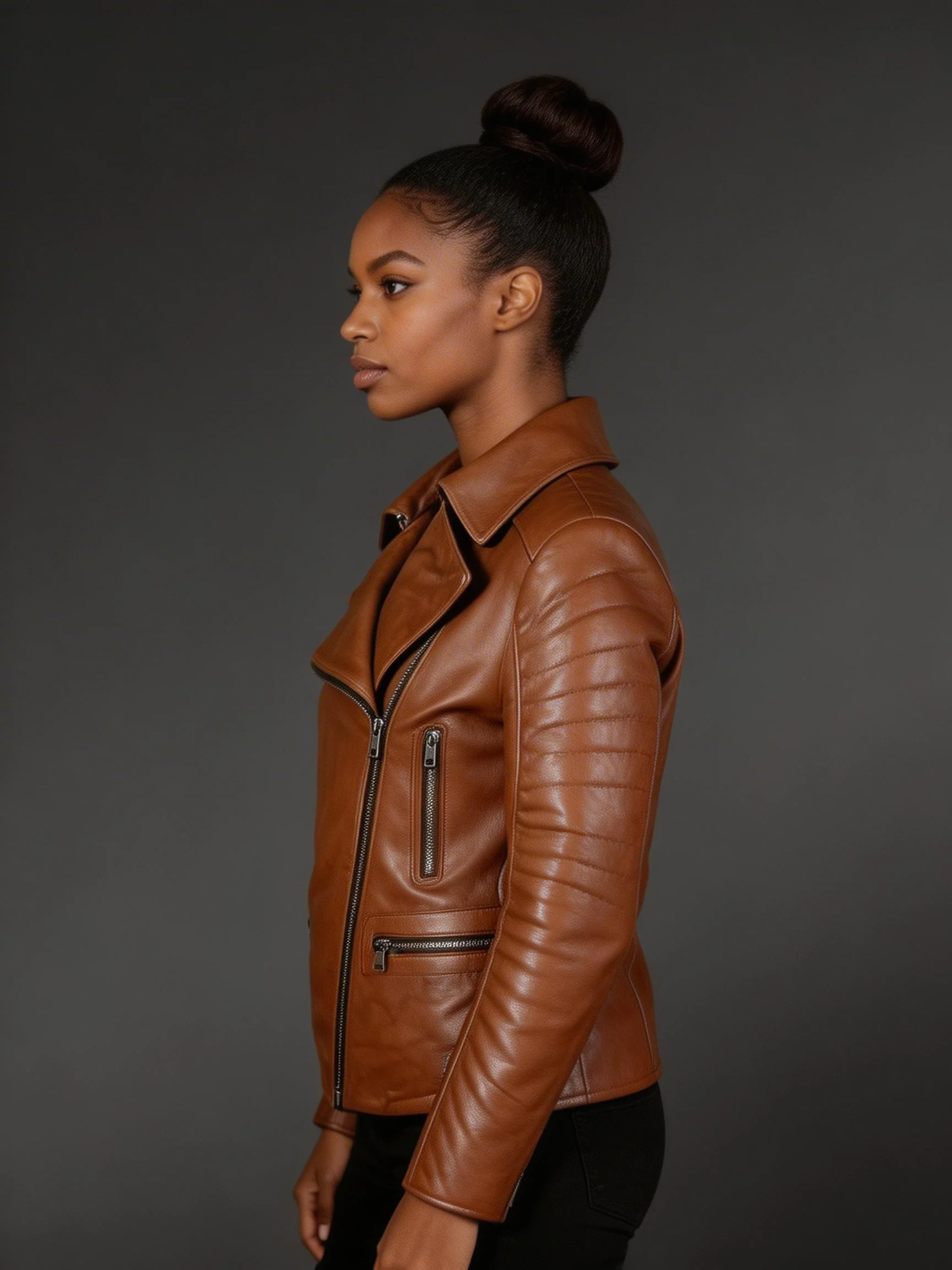 Women’s Assymetrical Motorcycle Biker Jacket in Tan with Zipout Collar - Image 3