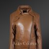 Women’s Assymetrical Motorcycle Biker Jacket in Tan with Zipout Collar