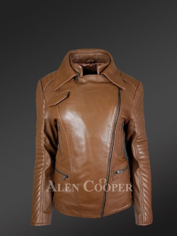 Women’s Assymetrical Motorcycle Biker Jacket in Tan with Zipout Collar