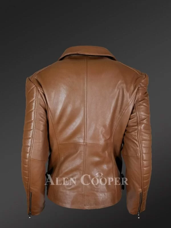 Women’s Assymetrical Motorcycle Biker Jacket in Tan with Zipout Collar - Image 5