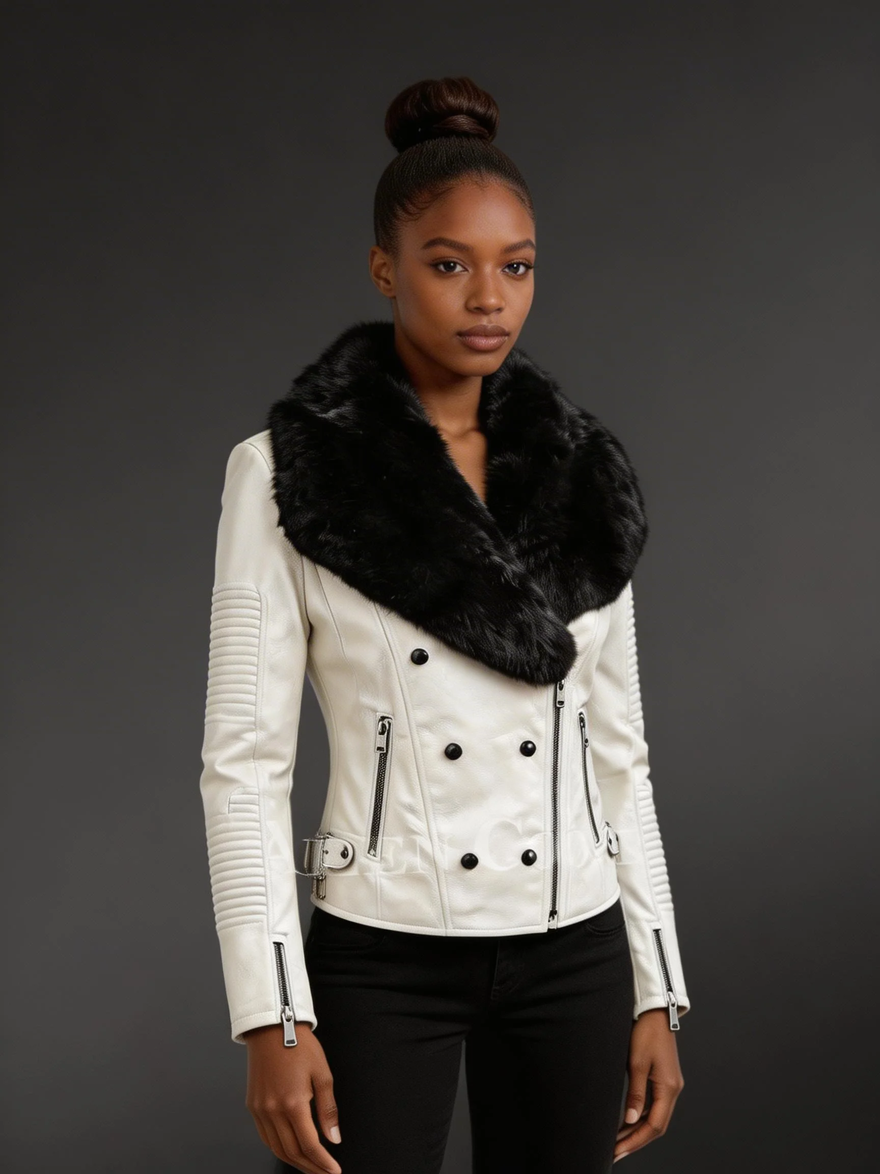 Womens Biker Jacket with Fur Collar - Image 3