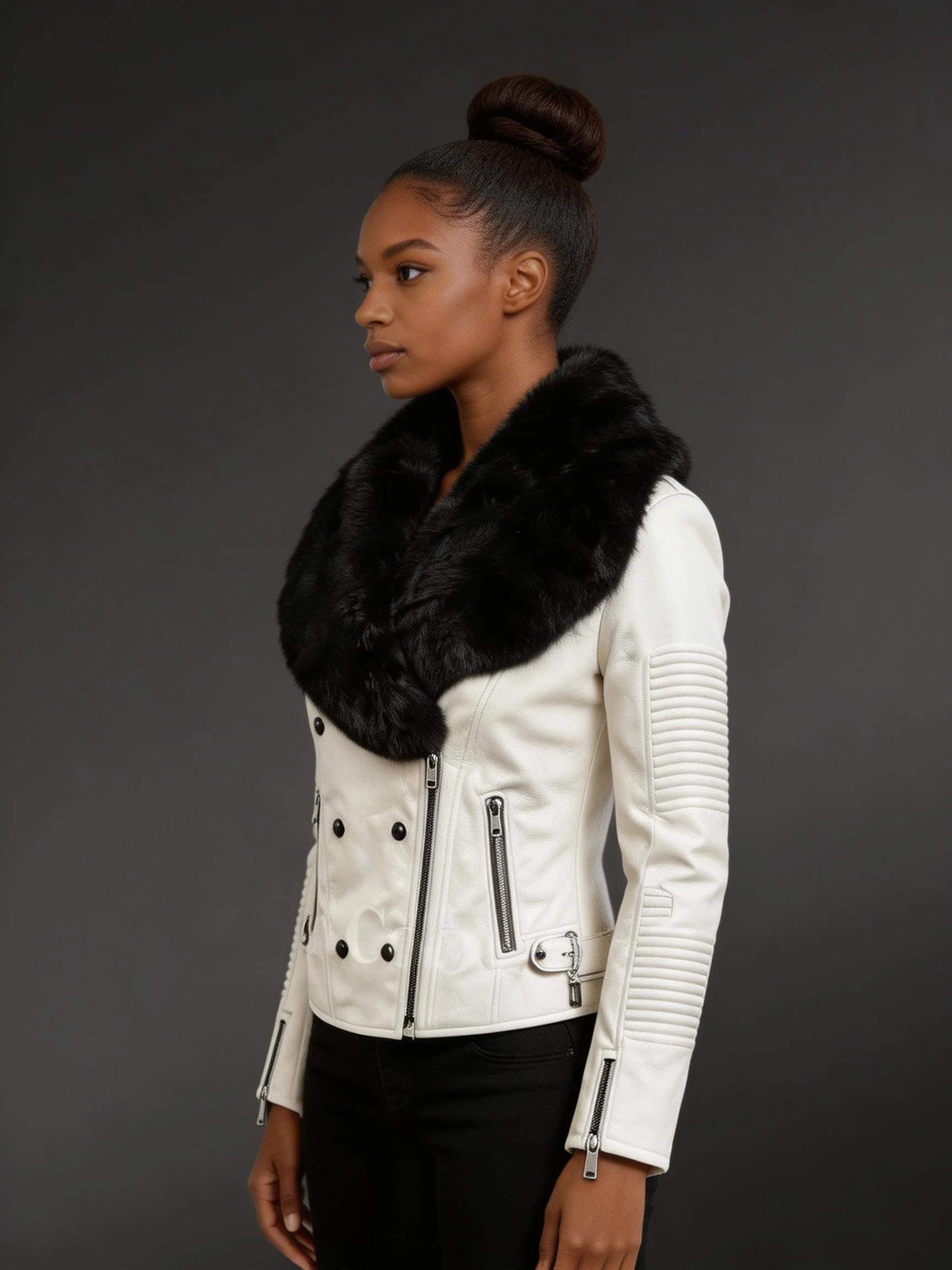 Womens Biker Jacket with Fur Collar - Image 2