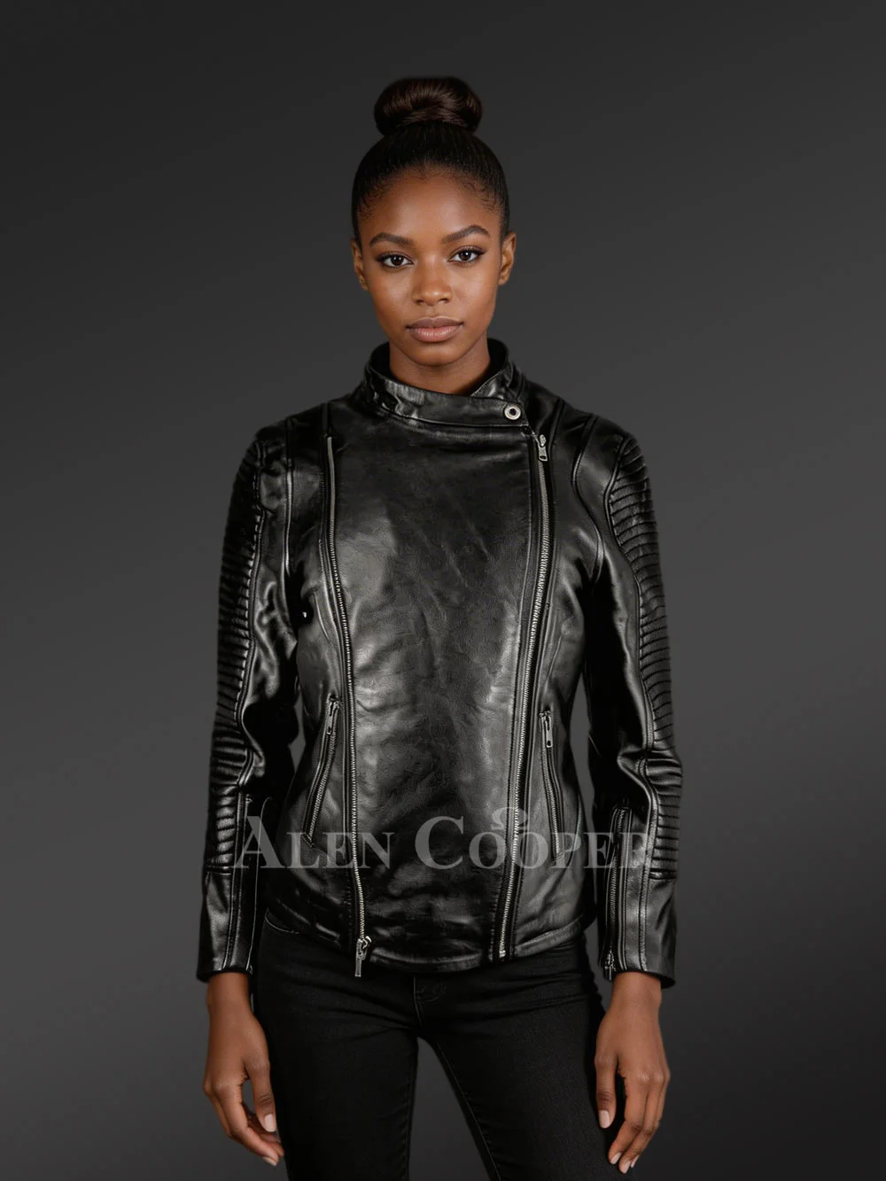Womens Black Leather Motorcycle Jacket with Unique Zip Fastening Option
