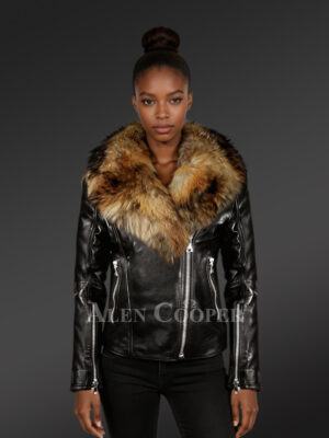 Women’s Chic Black Moto Jacket with Zip-Out Removable Fox Fur Collar