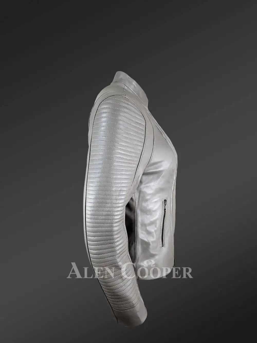 Womens Grey Leather Motorcycle Jacket with Zip Fastenerson Both Sides - Image 3