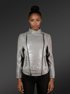 Womens Grey Leather Motorcycle Jacket with Zip Fastenerson Both Sides
