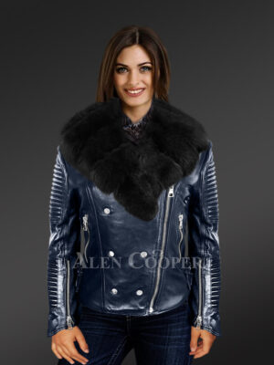 Women's Hand-Made Navy Italian-Finish Biker Jacket with Detachable Black Fox Fur Collar