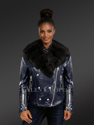 Women's Hand-Made Navy Italian-Finish Biker Jacket with Detachable Black Fox Fur Collar