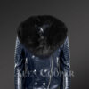 Women's Hand-Made Navy Italian-Finish Biker Jacket with Detachable Black Fox Fur Collar