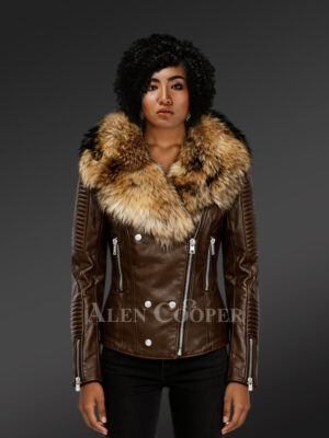 Womens Leather Biker Jacket with Detachable Finn Raccoon Fur Collar