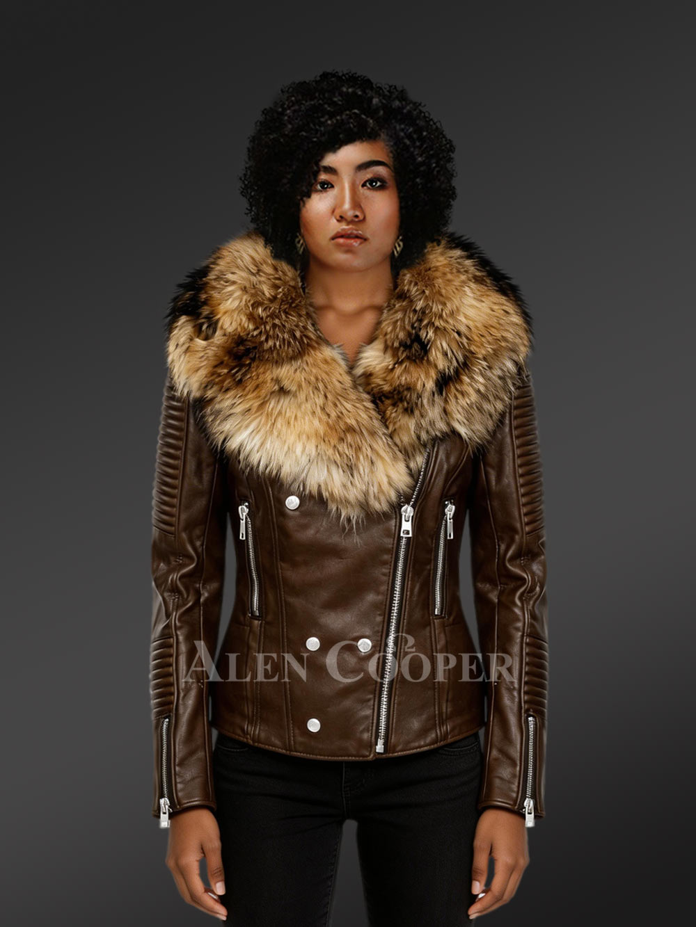 Womens Leather Biker Jacket with Detachable Finn Raccoon Fur Collar