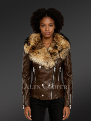 Womens Leather Biker Jacket with Detachable Finn Raccoon Fur Collar