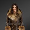 Women’s Leather Biker Jacket with Raccoon Fur Collar Lapels and Cuffs
