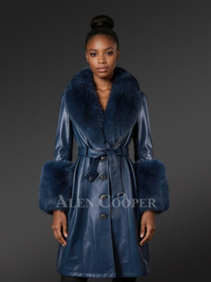 Womens Leather Overcoat with Clip out Fur Collar and Cuffs
