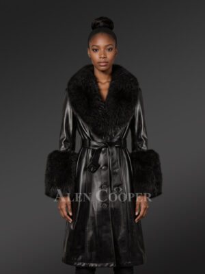 Womens Leather Trench Coat in Black with Belted Waist