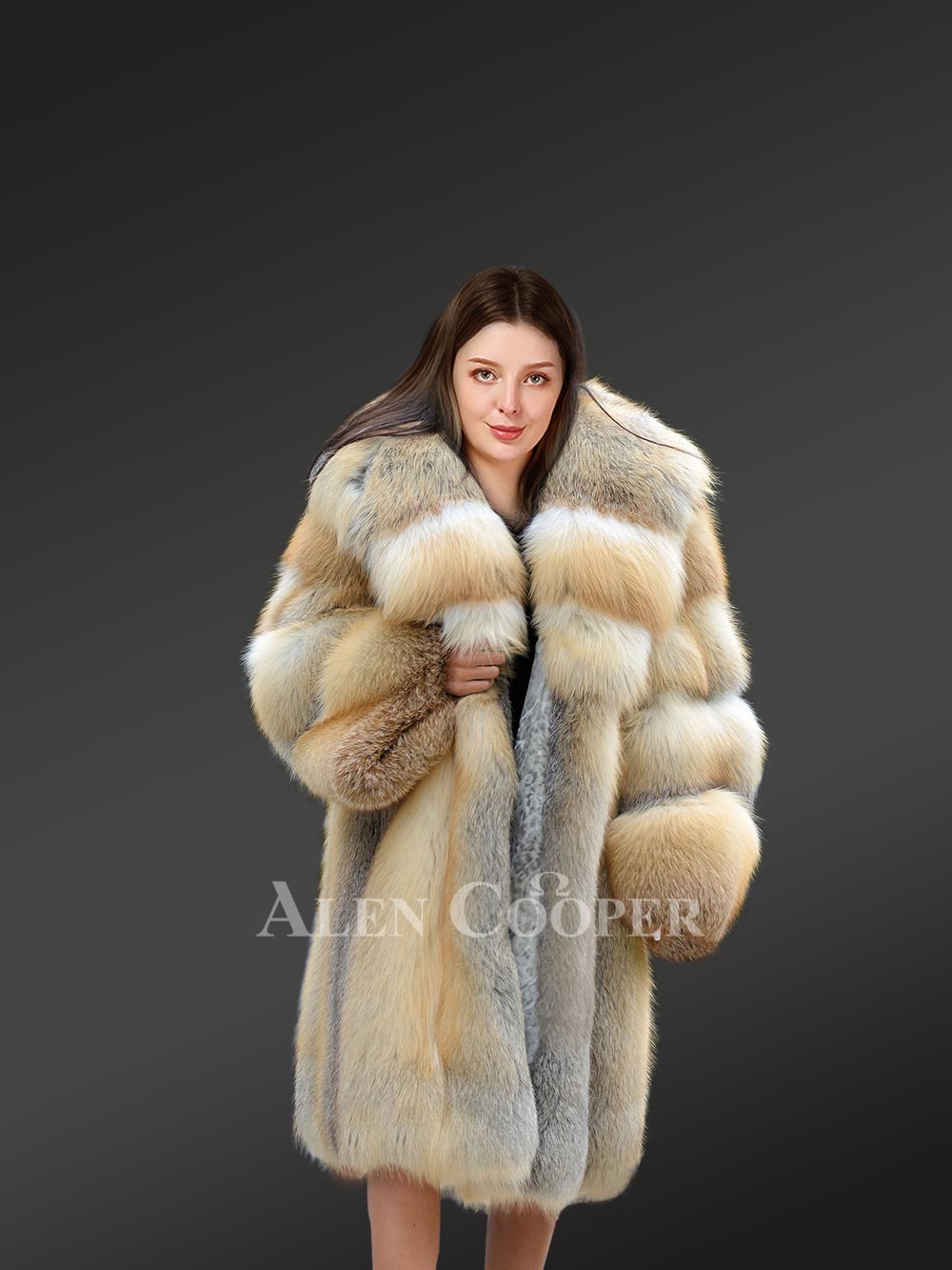 Golden Island Fox Fur Coat with Hood