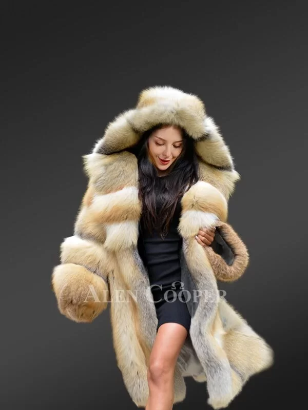 Fox Fur Long Coat With Hood For Elegance & Comfort - Image 6