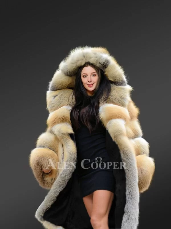 Fox Fur Long Coat With Hood For Elegance & Comfort - Image 4