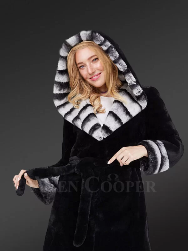 Womens Coat in Rex Rabbit Fur with Hood - Image 7
