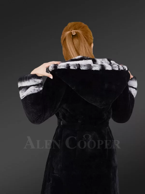 Womens Coat in Rex Rabbit Fur with Hood - Image 5
