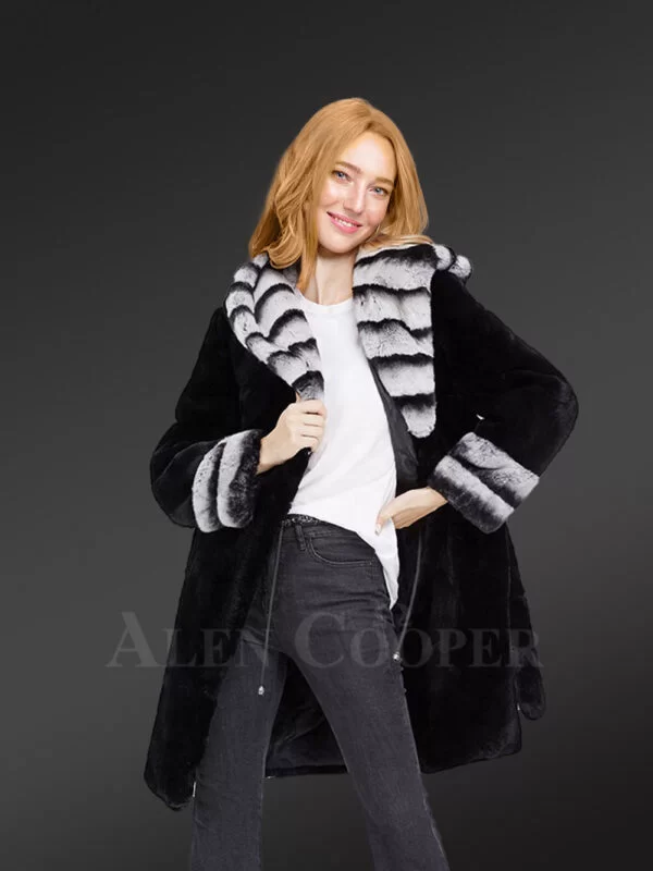 Womens Coat in Rex Rabbit Fur with Hood - Image 4