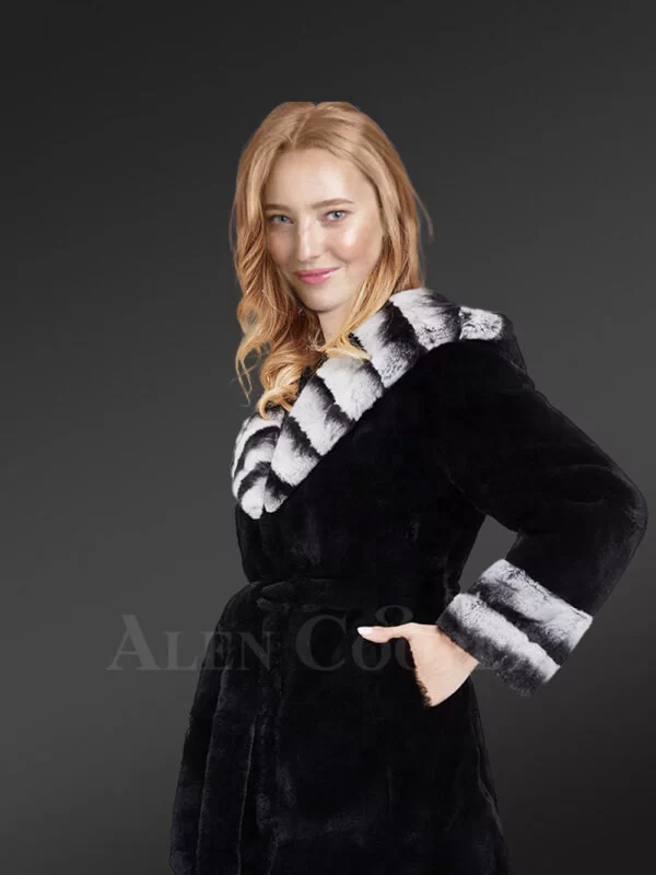 Womens Coat in Rex Rabbit Fur with Hood - Image 2