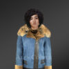 Women’s Merino Shearling Motorcycle Biker Jacket With Detachable Raccoon Fur Collar In Ice Blue