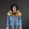 Women’s Merino Shearling Motorcycle Biker Jacket With Detachable Raccoon Fur Collar In Ice Blue