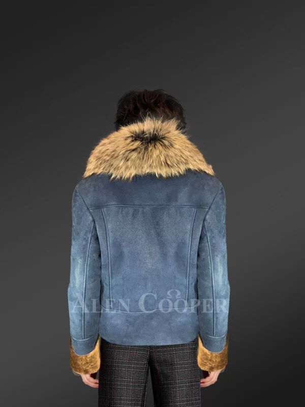 Women’s Biker Style Merino Shearling Jacket in Ice Blue - Image 3