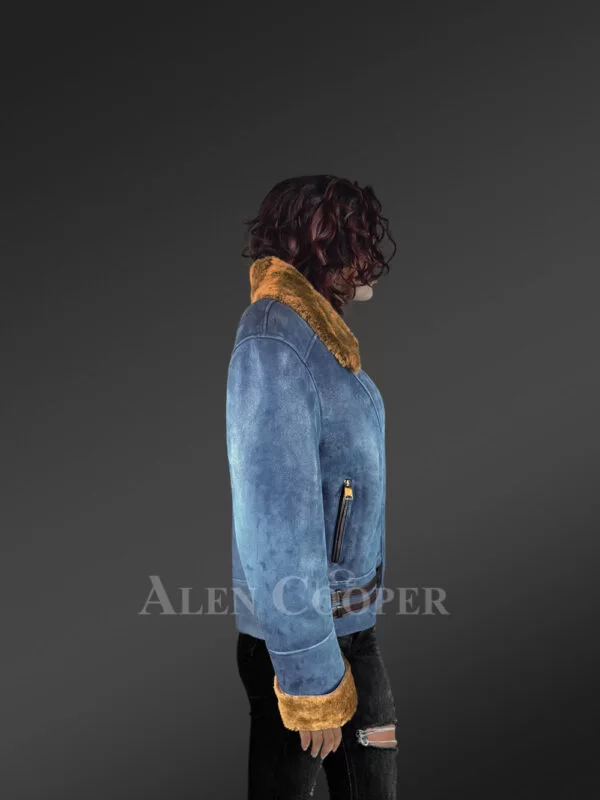 Women’s Biker Style Merino Shearling Jacket in Ice Blue - Image 2