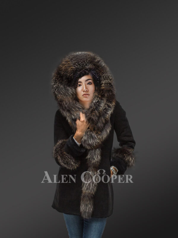 Women’s Mid Length 100% Real Sheepskin Warm Winter Coat with Long Shawl Collar