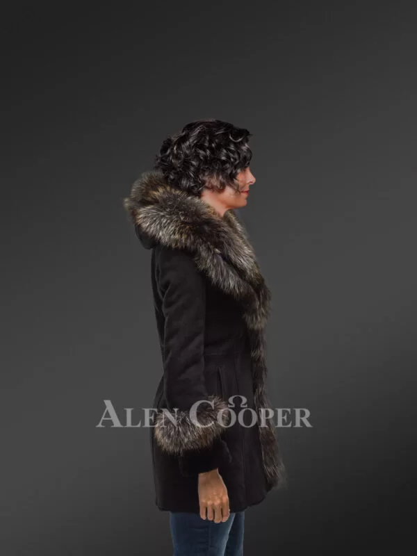 Women’s Mid Length 100% Real Sheepskin Warm Winter Coat with Long Shawl Collar - Image 4