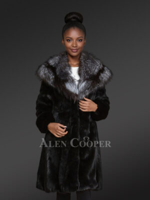 Women’s Mink Fur Coat with Silver Fox Fur Hood and Lapels