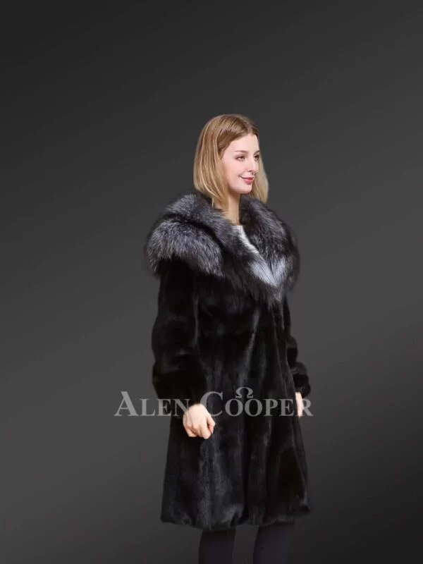 Women’s Mink Fur Coat with Silver Fox Fur Hood and Lapels - Image 2