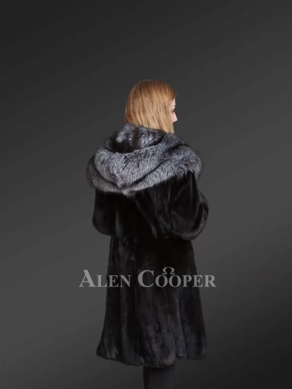Women’s Mink Fur Coat with Silver Fox Fur Hood and Lapels - Image 4