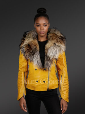 Womens Motorcycle Biker Jacket with an Elegant Raccoon Fur Collar