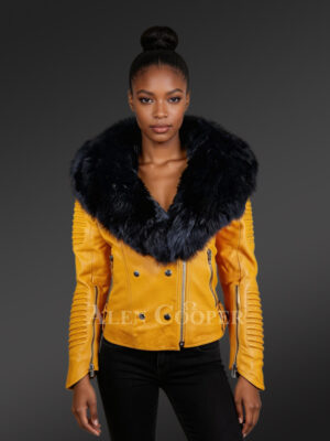 Women’s Motorcycle Biker Jacket with Detachable Fox Fur Collar and Piped Sleeves in Yellow