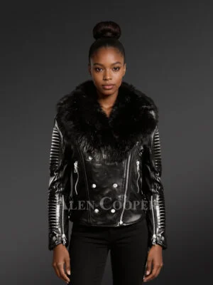 Women's Motorcycle Biker Jacket with Detachable Fox Fur Collar And Piped Sleeves in Black