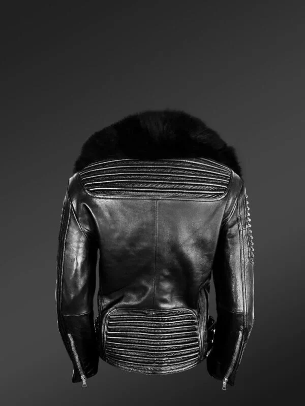 Women's Motorcycle Biker Jacket with Detachable Fox Fur Collar And Piped Sleeves in Black - Image 7