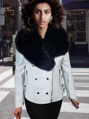 Women’s Motorcycle Biker Jacket with Detachable Fox Fur Collar and Piped Sleeves in White