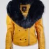 Women’s Motorcycle Biker Jacket with Detachable Fox Fur in Yellow