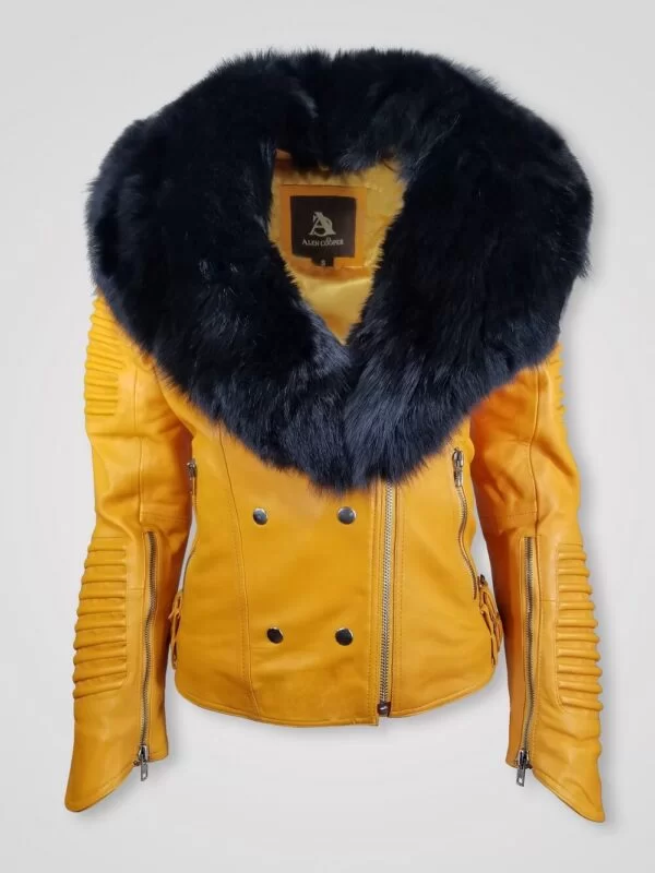 Women’s Motorcycle Biker Jacket with Detachable Fox Fur in Yellow