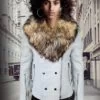Women's Motorcycle Biker Jacket with Detachable Raccoon Fur Collar And Piped Sleeves in White