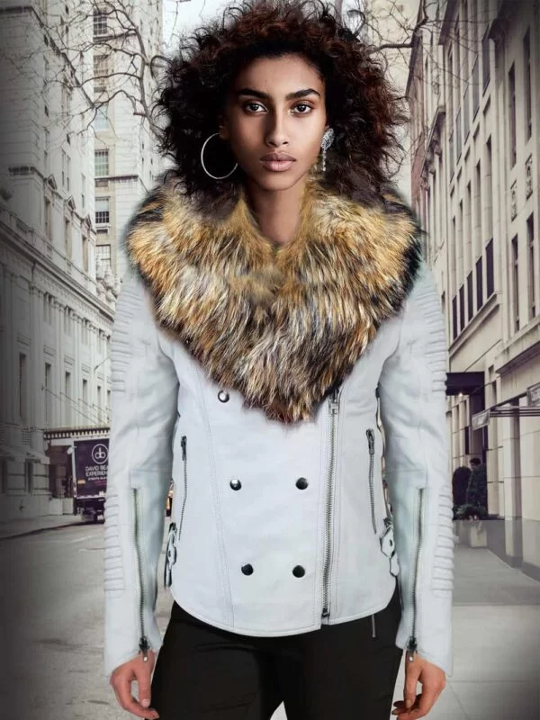 Women's Motorcycle Biker Jacket with Detachable Raccoon Fur Collar And Piped Sleeves in White