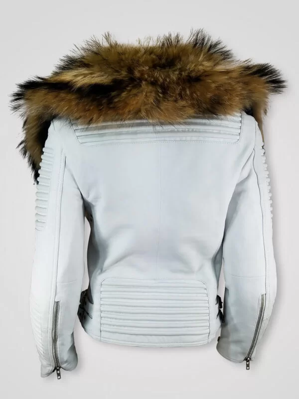 Women's Motorcycle Biker Jacket with Detachable Raccoon Fur Collar And Piped Sleeves in White - Image 4