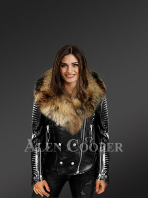 Women's Motorcycle Biker Jacket with Detachable Raccoon Fur Collar and Piped Sleeves in Black